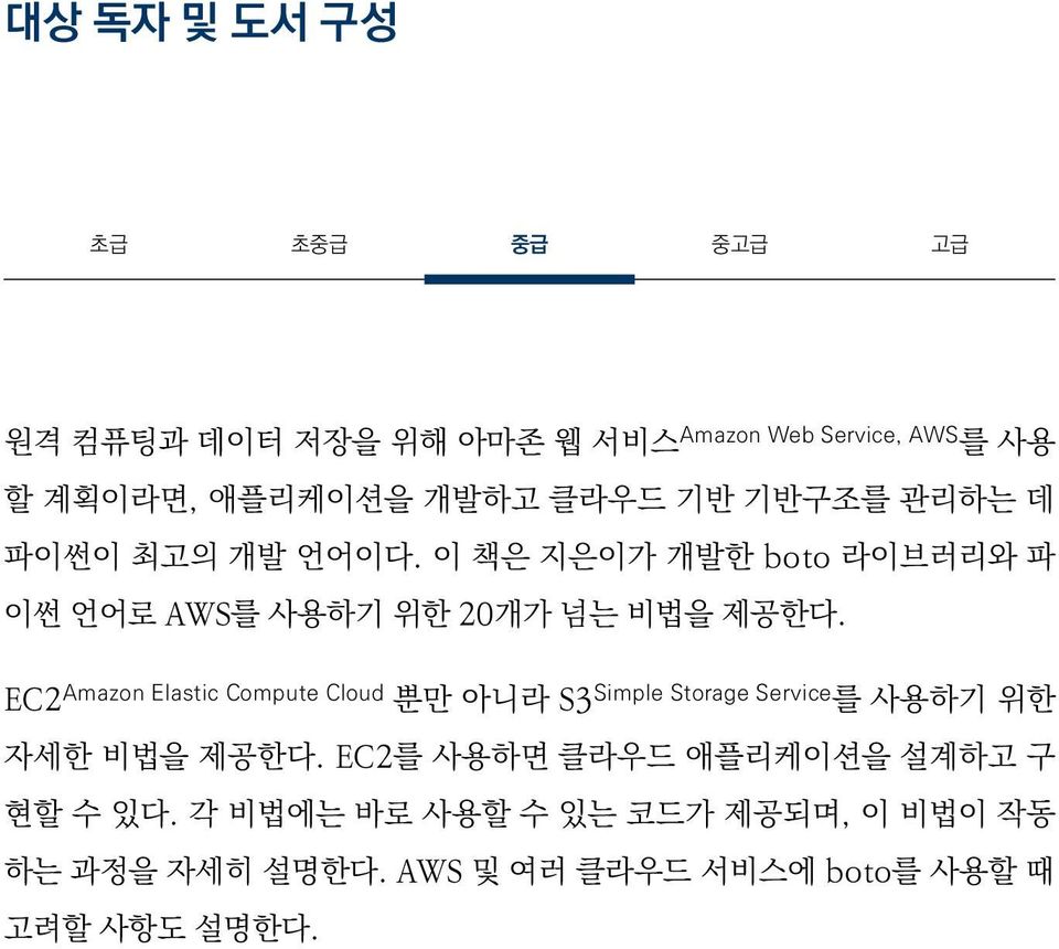 EC2 Amazon Elastic Compute Cloud 뿐만 아니라 S3 Simple Storage Service 를 사용하기 위한 자세한 비법을 제공한다.