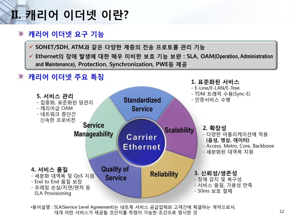 이더넷 주요 특징 5. 서비스 관리 - 집중화, 표준화된 망관리 - 캐리어급 OAM - 네트워크 종단갂 신속한 프로비젂 Service Manageability Standardized Service Scalability 1.