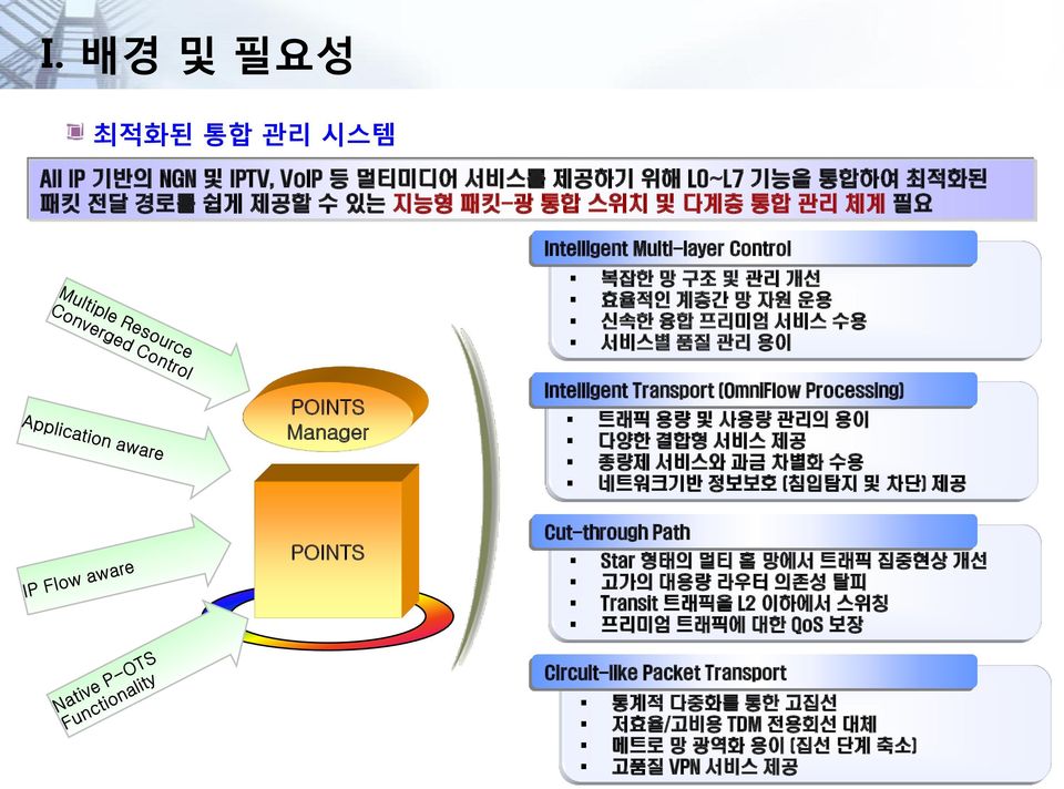 Processing) 트래픽 용량 및 사용량 관리의 용이 다양한 결합형 서비스 제공 종량제 서비스와 과금 차별화 수용 네트워크기반 정보보호 (침입탐지 및 차단) 제공 Cut-through Path Star 형태의 멀티 홉 망에서 트래픽 집중현상 개선 고가의 대용량 라우터