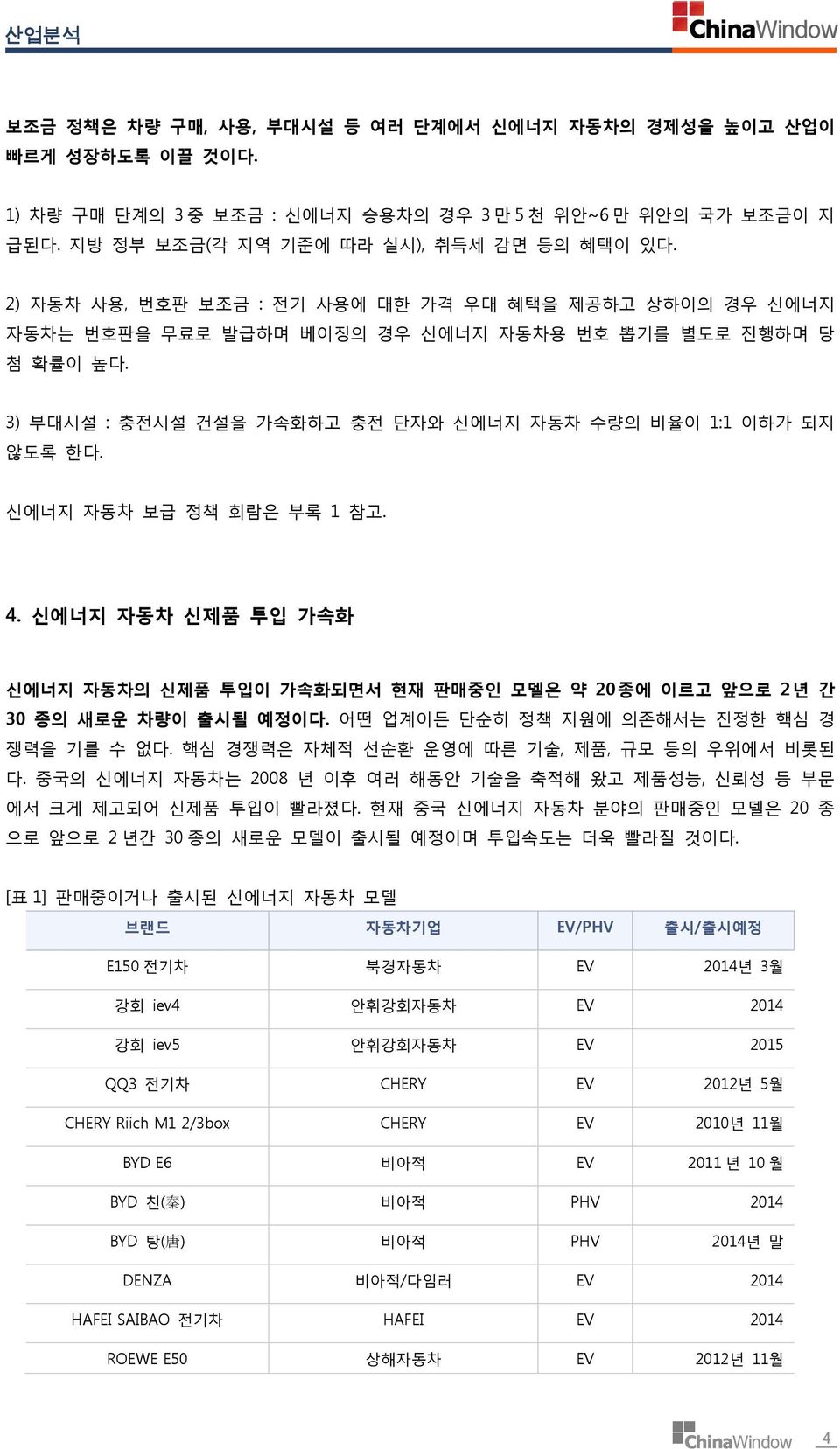 신에너지 자동차 보급 정책 회람은 부록 1 참고. 4. 신에너지 자동차 신제품 투입 가속화 신에너지 자동차의 신제품 투입이 가속화되면서 현재 판매중인 모델은 약 20 종에 이르고 앞으로 2 년 간 30 종의 새로운 차량이 출시될 예정이다. 어떤 업계이든 단순히 정책 지원에 의존해서는 진정한 핵심 경 쟁력을 기를 수 없다.