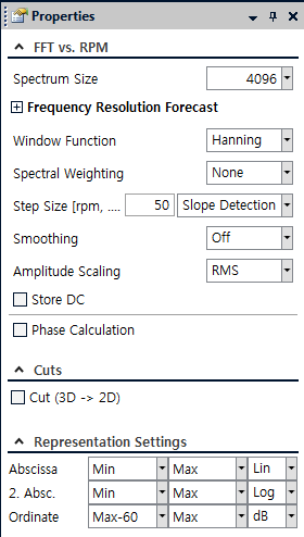 FFT vs RPM Step Size [rpm] 을 조절해서 RPM 의 분해 능을 설정 할 수 있으며, Cut (3D 2D) 에 서는 X축- RPM, Y축 Freq.