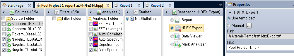 저장된 레포트 포맷 활용법 방법2) 1. 레포트를.hrpx로 저장 2. 새로 작성하고자 하는 레포트의 측정된 data, 분석법을 각 pool에 설정 3. HDFX 형식으로 export (Destination pool에 HDFX Export를 설정 -> Calculation 클릭) 4. 저장된 레포트 (.hrpx) 불러오기 5.