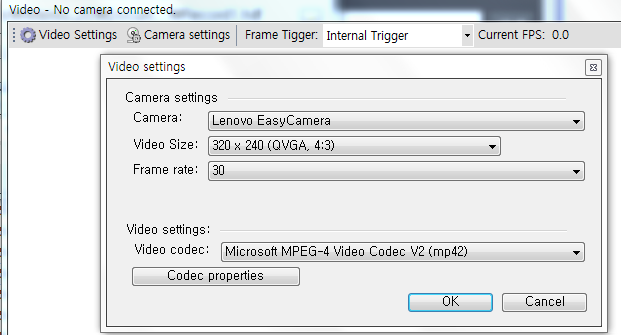 Video record -Frontend 와 Web camera를 Frame Trigger방법을 이용하여 동기화시 켜 영상을 동시에 녹화 할 수 있으며, -Video Setting : Camera, Size, frame rate 선택 -Camera Setting : Exposure time,