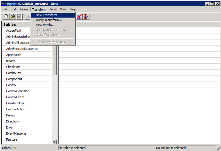 2631 MS T 파 일 만 들 기 ERA 에이전트 설치 관리자 파일을 배포하기 전에 ERA 에이전트 설정을 통해 변환 mst 파일을 만들어야 합니다 Orca를 설치합니다( Windows SDK의 구성 요소임) Orca에 대한 자세한 내용은 http://supportmicrosoftcom/ kb/255905/를 참조하십시오 1 ERA 에이전트 설치