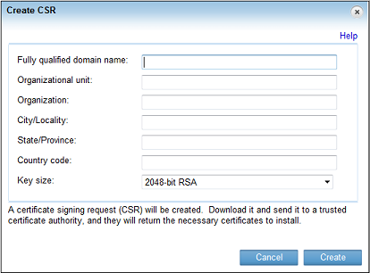 SSL 인증서 관리 5. 요청 세부 사항을 완료한 다음 Create(만들기)을 클릭합니다. 요청 파일의 이름이 표시된 확인 메시지가 나타납니다. 6. Download(다운로드)를 클릭하면 요청 파일이 컴퓨터에 다운로드됩니다. 완성된 CSR을 CA에 보냅니다. CA에서는 CSR의 유효성을 검사한 다음 CSR 정보가 포함된 CA 서명 인증서를 발급합니다.