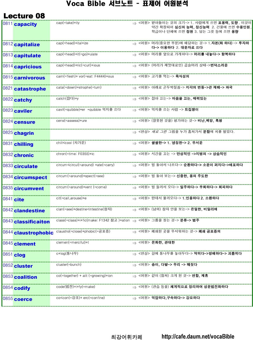 chagrin 0831 chilling chill<cool (차가운) 0832 chronic chron(=time: F0355)+ic 0833 circulate circum<circul(=around) +ate(=carry) 0834 circumspect circum(=around)+spect(=see) 0835 circumvent