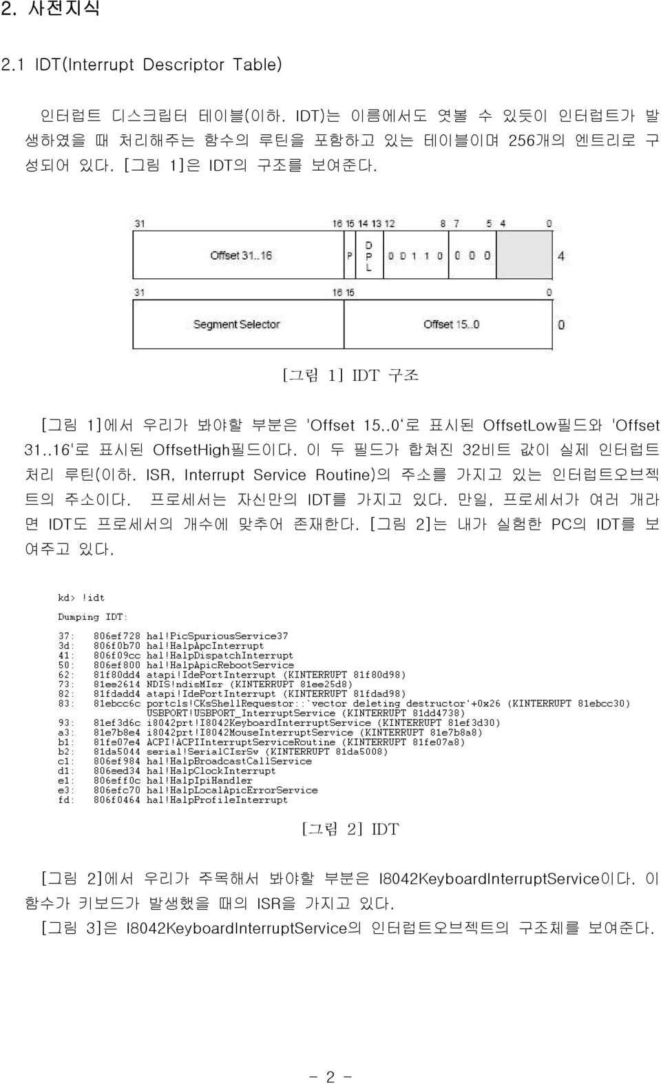 이 두 필드가 합쳐진 32비트 값이 실제 인터럽트 처리 루틴(이하. ISR, Interrupt Service Routine)의 주소를 가지고 있는 인터럽트오브젝 트의 주소이다. 프로세서는 자신만의 IDT를 가지고 있다.