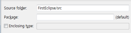 이클립스 테스트 소소 파일 추가 메뉴에서 [File-New-Class] 명령 선택, Name란에 프로젝트명과 똑같은 이름을 설정 주