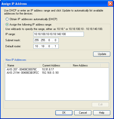 AXIS 카메라 관리의 AXIS P3301/P3304 네트워크 카메라 를 선택한 후 IP 할당(Assign IP) 버튼을 클릭합니다. 2. 다음 IP 주소 할당(Assign the following IP address) 을 선택하여 장치가 사용할 IP 주소, 서브넷 마스크 및 기본 라우터를 입력합니다. 3. 확인(OK) 버튼을 클릭합니다.
