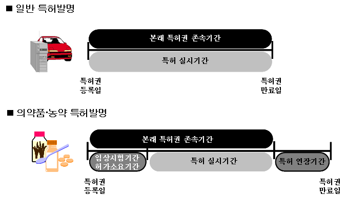 특허권 존속기간 연장제도는 특허발명을 실시하기 위하여 다른 법령에 의한 허가나 등록을 받아야 하는 의약품 또는 농약의 경우, 허가나 등록을 받기 위하여 소요되는 기간 동안에는 그 발명을 실시할 수 없으므로, 5년의 기간 내에서 그 실시할 수 없었던 기간에 대하여 당해 특허권의 존속기간을 연장해주는 제도임 1).