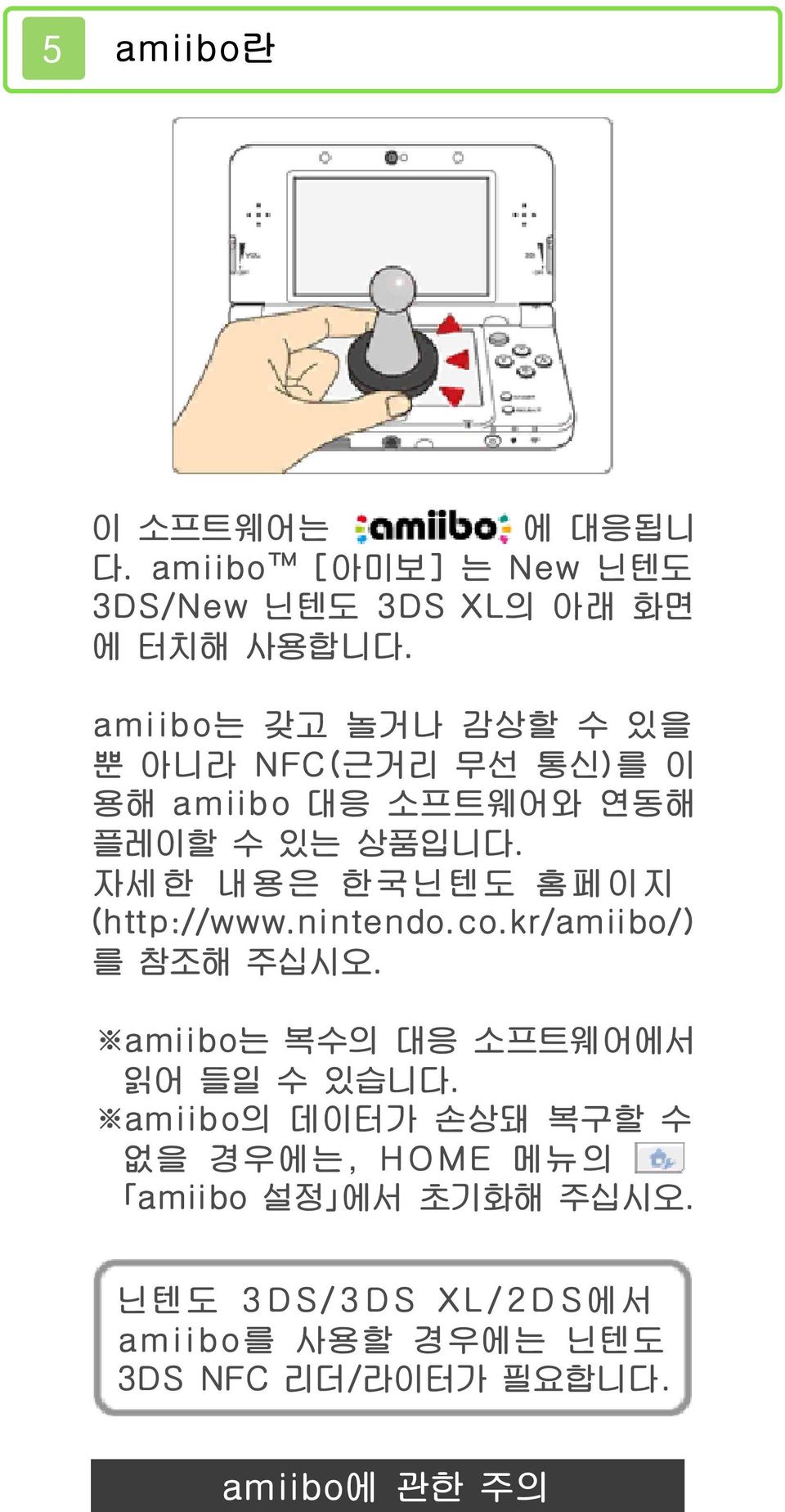 자세한 내용은 한국닌텐도 홈페이지 (http://www.nintendo.co.kr/amiibo/) 를 참조해 주십시오. amiibo는 복수의 대응 소프트웨어에서 읽어 들일 수 있습니다.