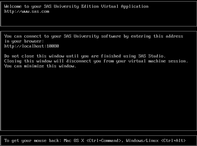3) 시작 시 프로세스가 완료되면, SAS University Edition 시작 화면이 나타납니다. 4) 시작 화면에 다음과 유사한 텍스트가 나타납니다.