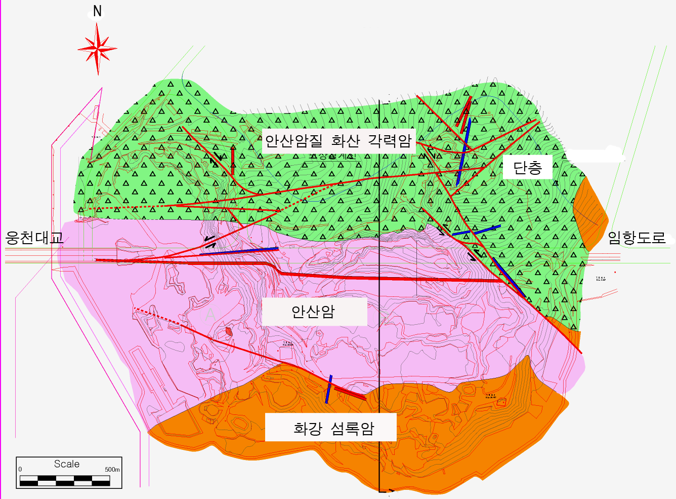 등의 지질특성 관찰이 용이하다. 현장 지표지질조사결과 연구지역의 기반암인 중생대 백악기 경상누층군의 최상부 지층인 다대포층( 유천층 군 중의 하나 ) 은 조사지역에 노출되지 않았으며, 다대포 층의 퇴적 후 격렬한 화산활동으로 인하여 그림 2에서 볼 수 있듯이 안산암질 화산 각력암이 조사지역의 북부 에동서방향으로분포하고있는것으로나타났다 -.