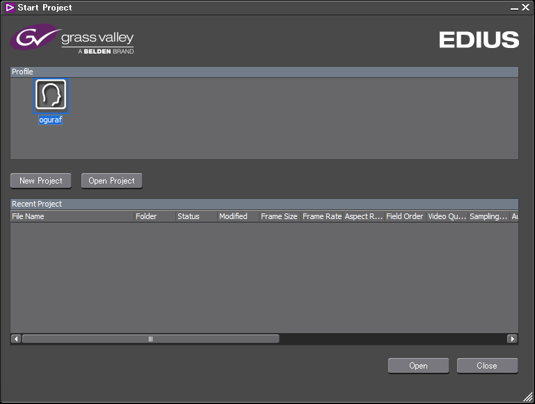 EDIUS 시작 EDIUS 시스템 상에서, EDIUS 아이콘을 더블 클 릭을 하면 EDIUS 시작 화면이 표시됩니다. 기존 프로젝트를 열거나 새로운 프로젝트를 만 들 수 있습니다.