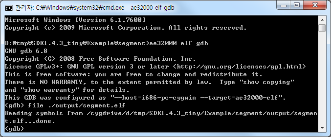 1. EISC Studio Command Prompt 에서 Debugging Prompt 창에서 GDB 명령 입력으로 Debugging 이 이루어 진다. GDB 사용에 익숙하지 않은 사용자는 2. EISC Studio 3 에서 Debugging 의 내용을 따른다. A.
