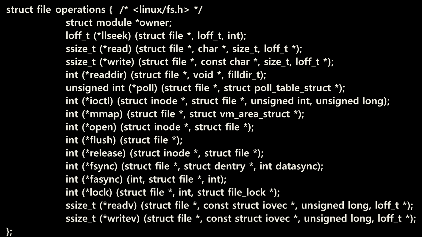 Device Driver 작성(5) 파일 연산 구조체의 전체 구조 struct file_operations { /* <linux/fs.
