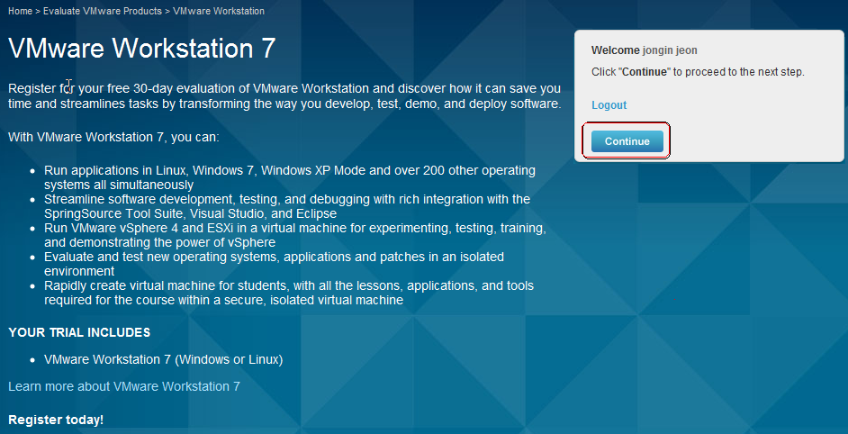 Vmware 설치 -2 로그읶 후 계속 버튺