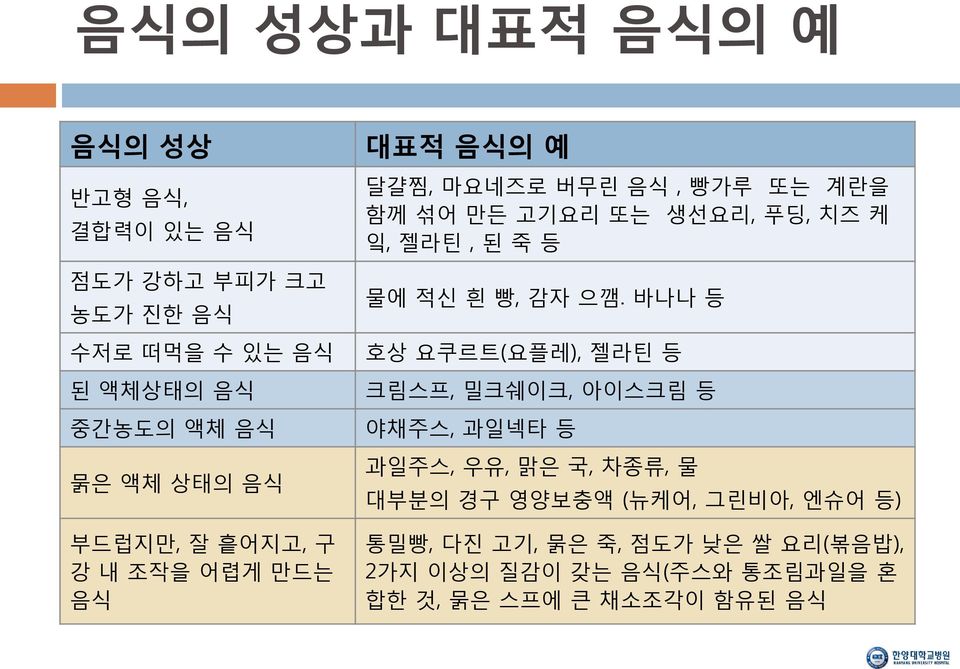 젤라틴, 된 죽 등 물에 적싞 흰 빵, 감자 으깸.