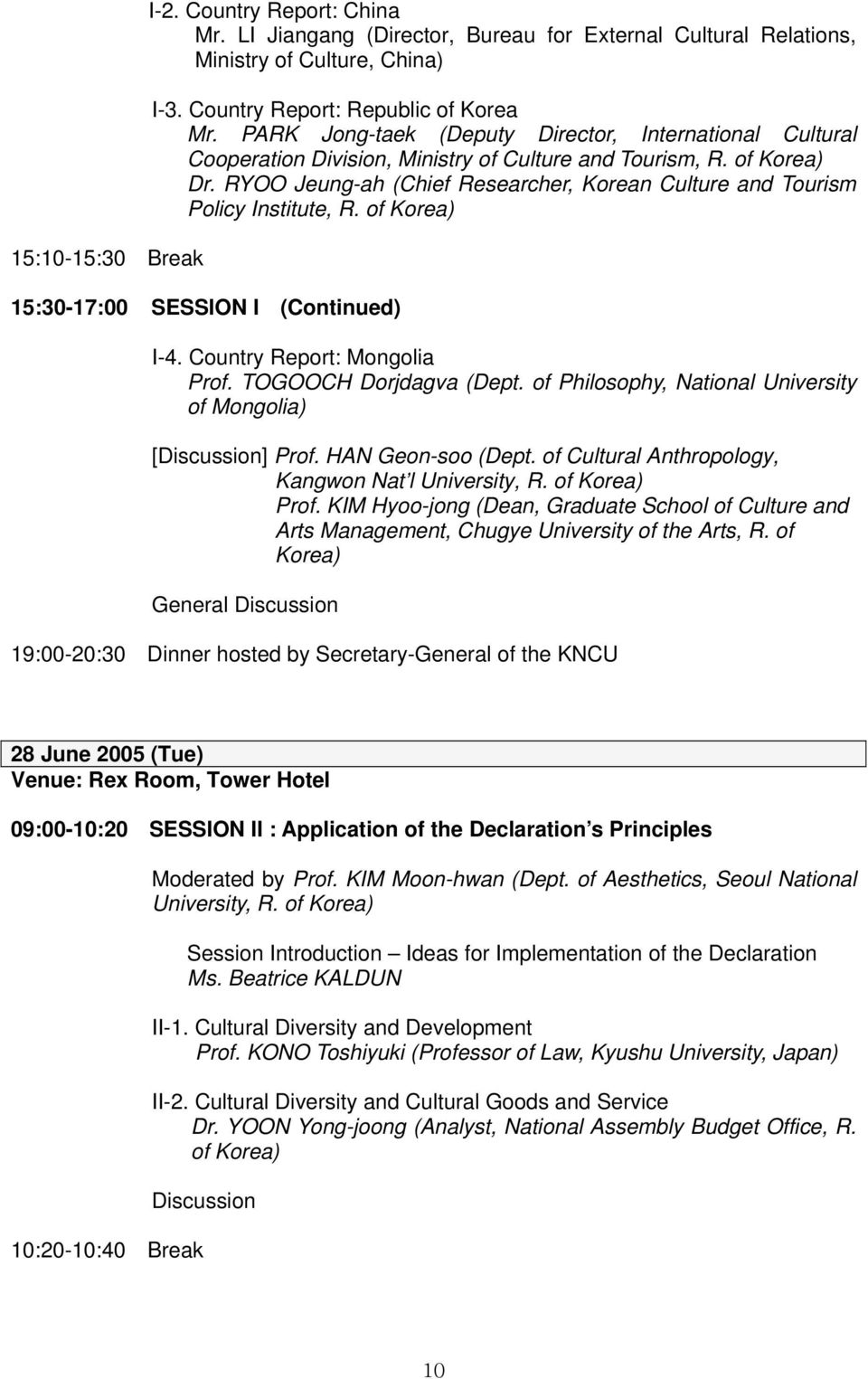 RYOO Jeung-ah (Chief Researcher, Korean Culture and Tourism Policy Institute, R. of Korea) 15:30-17:00 SESSION I (Continued) I-4. Country Report: Mongolia Prof. TOGOOCH Dorjdagva (Dept.