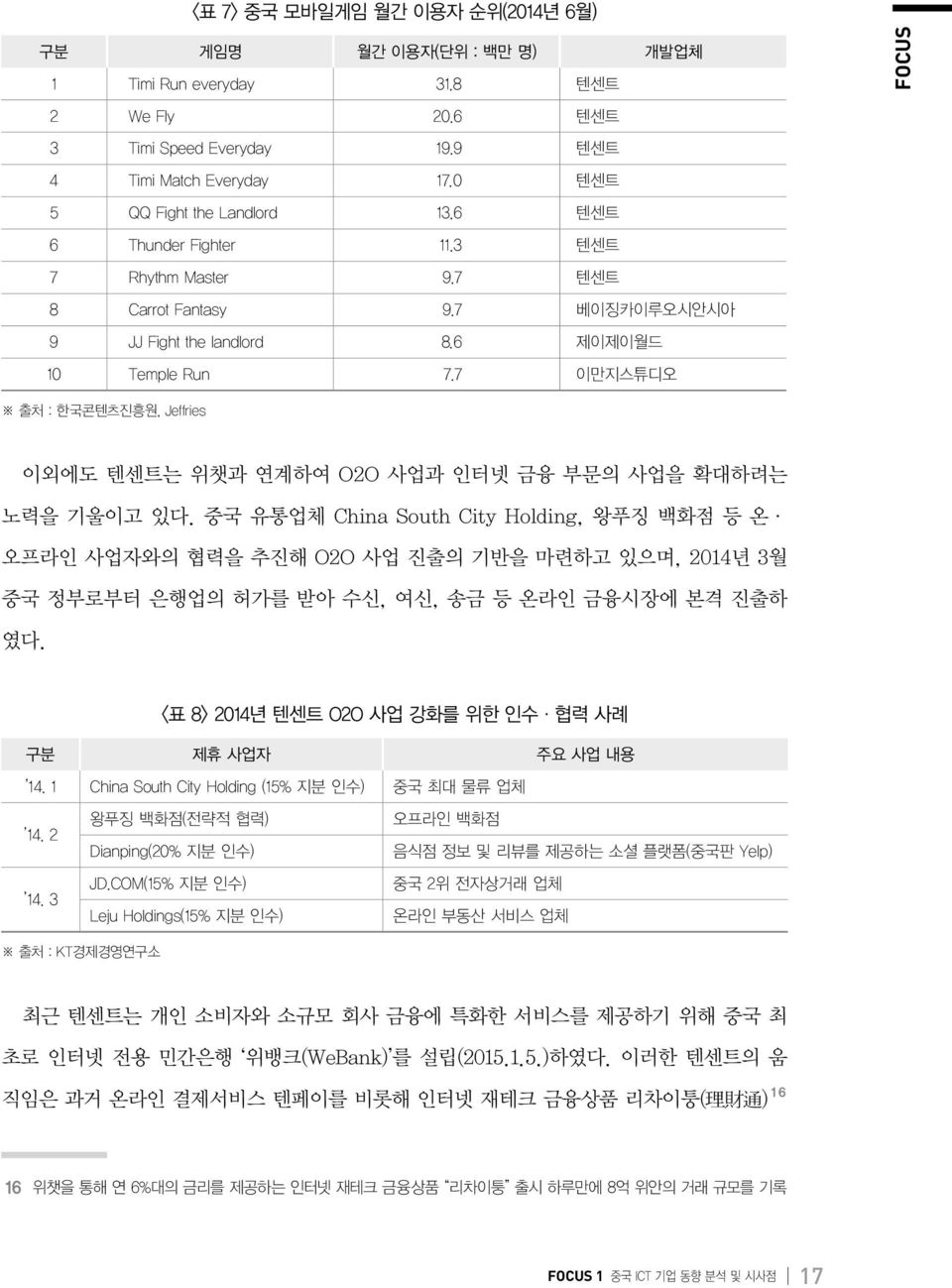 7 이만지스튜디오 FOCUS 출처 : 한국콘텐츠진흥원, Jeffries 이외에도 텐센트는 위챗과 연계하여 O2O 사업과 인터넷 금융 부문의 사업을 확대하려는 노력을 기울이고 있다.