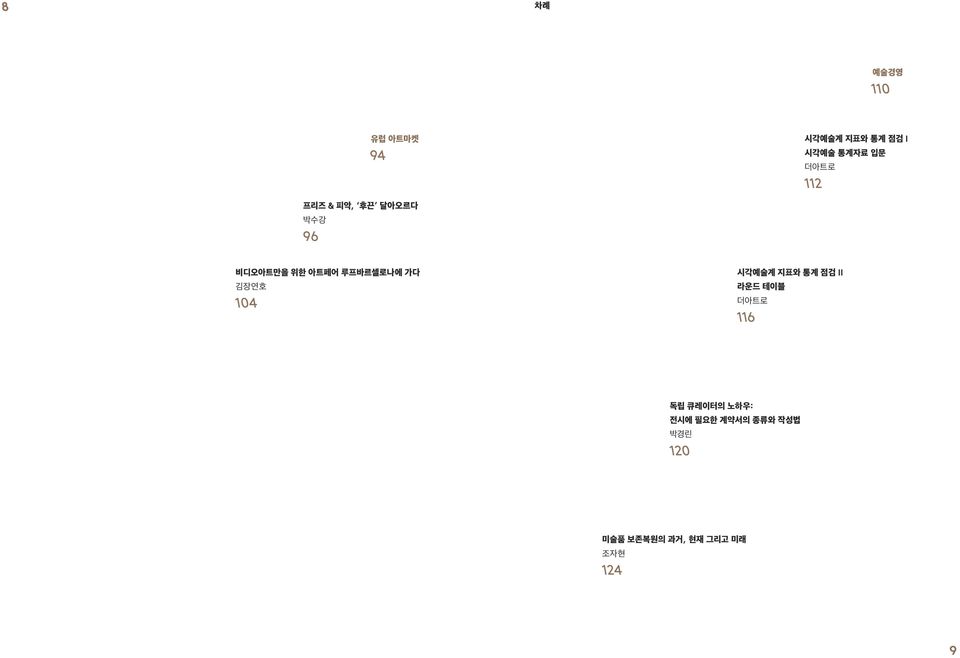 가다 김장연호 104 시각예술계 지표와 통계 점검 II 라운드 테이블 더아트로 116 독립 큐레이터의