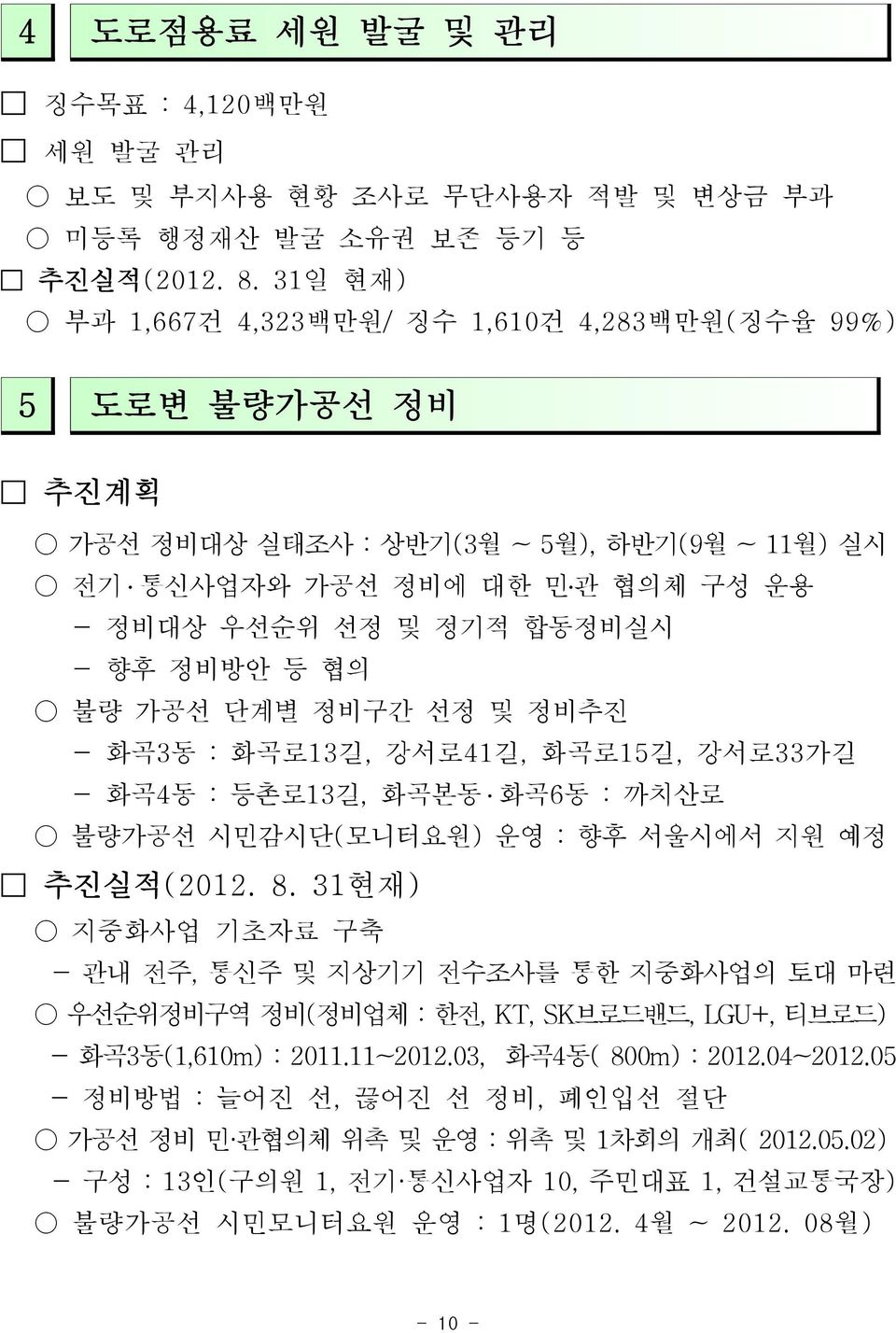 협의 불량 가공선 단계별 정비구간 선정 및 정비추진 - 화곡3동 : 화곡로13길, 강서로41길, 화곡로15길, 강서로33가길 - 화곡4동 : 등촌로13길, 화곡본동 화곡6동 : 까치산로 불량가공선 시민감시단(모니터요원) 운영 : 향후 서울시에서 지원 예정 추진실적(2012. 8.