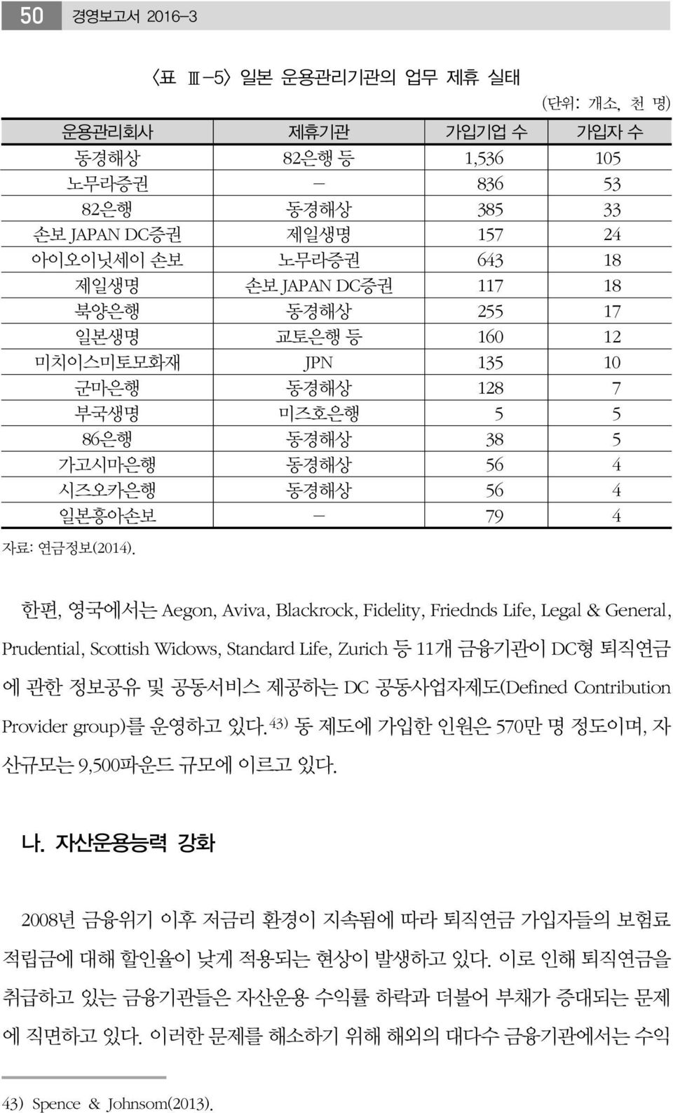 한편, 영국에서는 Aegon, Aviva, Blackrock, Fidelity, Friednds Life, Legal & General, Prudential, Scottish Widows, Standard Life, Zurich 등 11개 금융기관이 DC형 퇴직연금 에 관한 정보공유 및 공동서비스 제공하는 DC 공동사업자제도(Defined