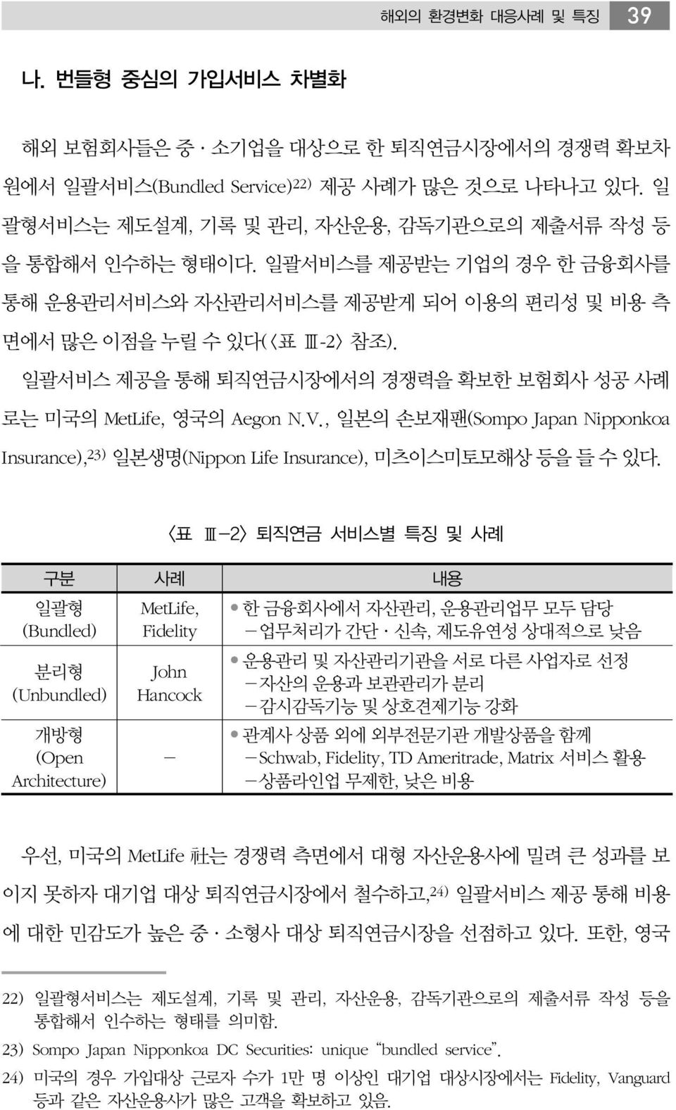 일괄서비스 제공을 통해 퇴직연금시장에서의 경쟁력을 확보한 보험회사 성공 사례 로는 미국의 MetLife, 영국의 Aegon N.V., 일본의 손보재팬(Sompo Japan Nipponkoa Insurance), 23) 일본생명(Nippon Life Insurance), 미츠이스미토모해상 등을 들 수 있다.