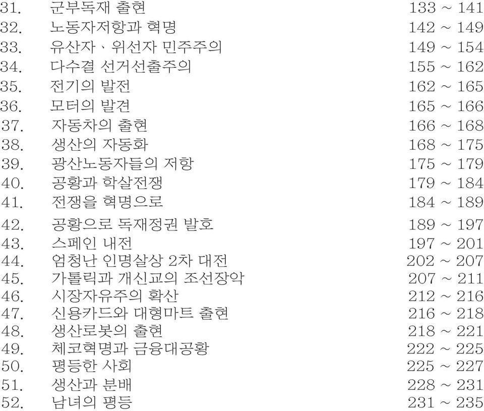 전쟁을 혁명으로 184 ~ 189 42. 공황으로 독재정권 발호 189 ~ 197 43. 스페인 내전 197 ~ 201 44. 엄청난 인명살상 2차 대전 202 ~ 207 45. 가톨릭과 개신교의 조선장악 207 ~ 211 46.