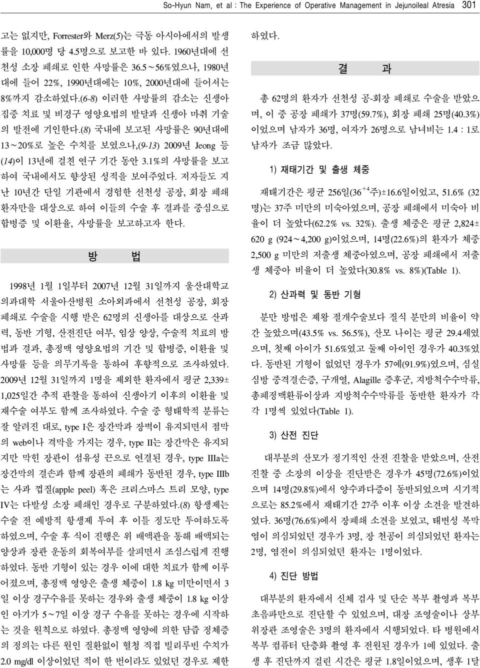 (8) 국내에 보고된 사망률은 90년대에 13 20%로 높은 수치를 보였으나,(9-13) 2009년 Jeong 등 (14)이 13년에 걸친 연구 기간 동안 3.1%의 사망률을 보고 하여 국내에서도 향상된 성적을 보여주었다.