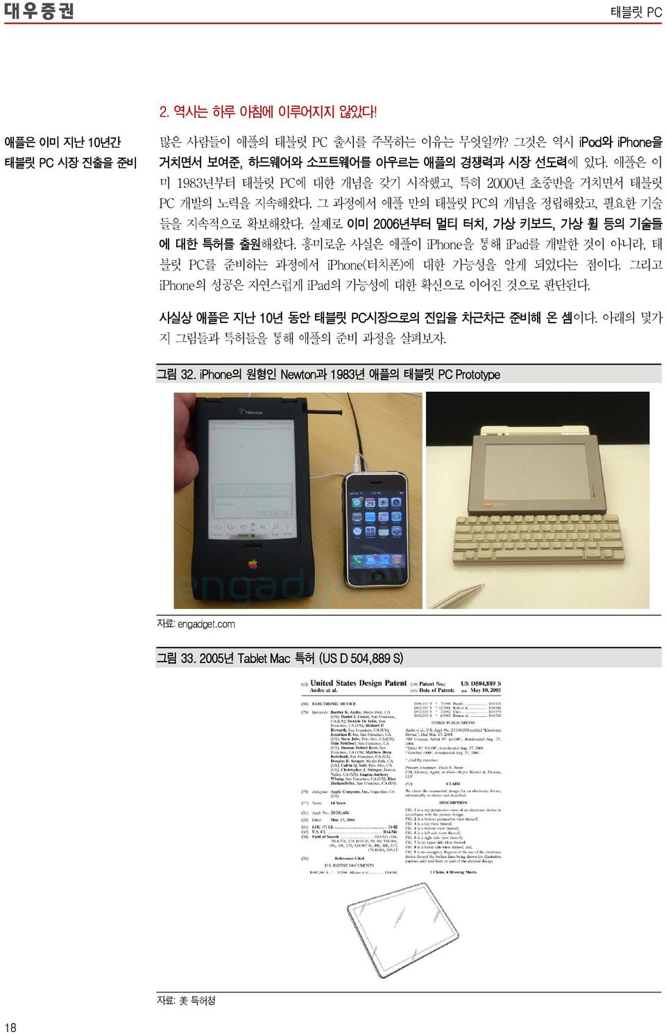실제로 이미 26년부터 멀티 터치, 가상 키보드, 가상 휠 등의 기술들 에 대한 특허를 출원해왔다. 흥미로운 사실은 애플이 iphone을 통해 ipad를 개발한 것이 아니라, 태 블릿 PC를 준비하는 과정에서 iphone(터치폰)에 대한 가능성을 알게 되었다는 점이다.