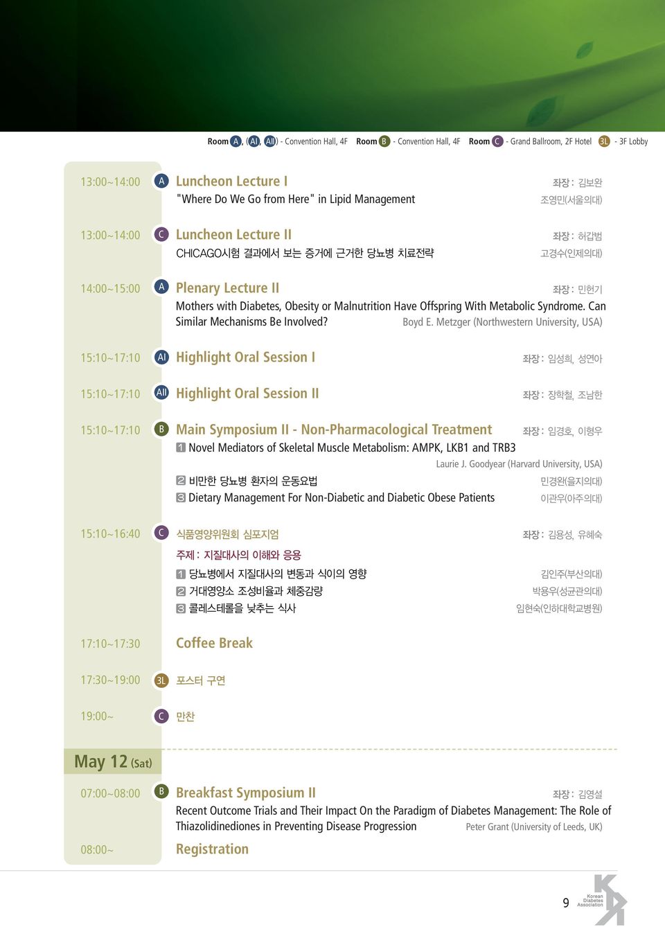 Metzger (Northwestern University, USA) 15:10~17:10 AI Highlight Oral Session I 15:10~17:10 AII Highlight Oral Session II 15:10~17:10 B Main Symposium II - Non-Pharmacological Treatment Novel