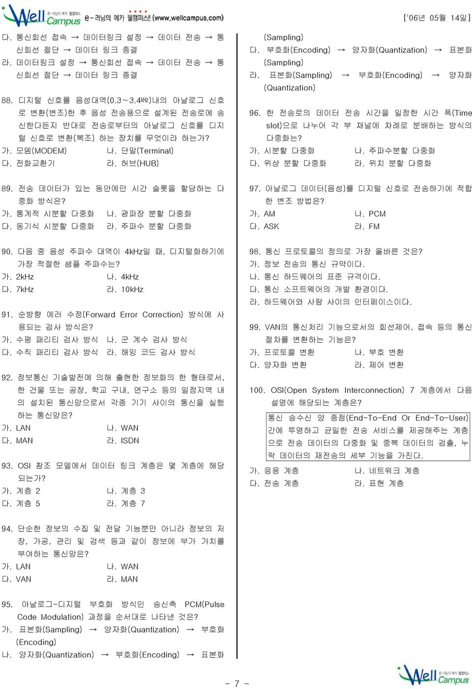 부호화(Encoding) 양자화(Quantization) 표본화 (Sampling) 라. 표본화(Sampling) 부호화(Encoding) 양자화 (Quantization) 96. 한 전송로의 데이터 전송 시간을 일정한 시간 폭(Time slot)으로 나누어 각 부 채널에 차례로 분배하는 방식의 다중화는? 가. 시분할 다중화 나. 주파수분할 다중화 다.