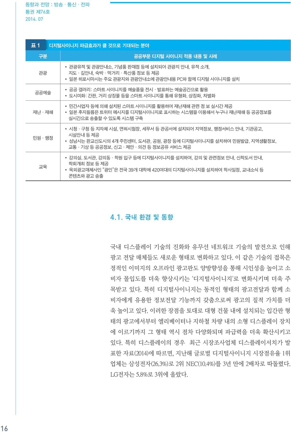 민원 행정 교육 공공 갤러리: 스마트 사이니지를 예술품을 전시 발표하는 예술공간으로 활용 도시미화: 간판, 거리 상징물 등을 스마트 사이니지를 통해 유형화, 상징화, 차별화 민간사업자 등에 의해 설치된 스마트 사이니지를 활용하여 재난재해 관련 정 보 실시간 제공 일본 후지필름은 트위터 메시지를 디지털사이니지로 표시하는 시스템을 이용해서 누구나 재난재해 등