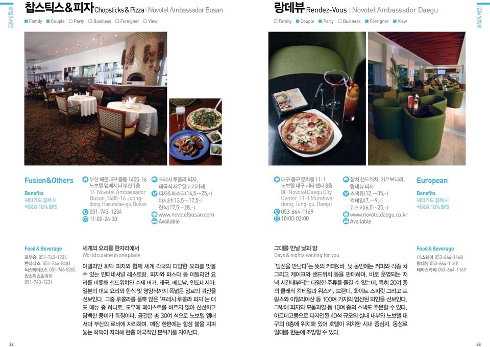 com 대구 중구 문화동 11-1 노보텔 대구 시티 센터 8층 8F Novotel Daegu City Center, 11-1 Mumhwadong, Jung-gu, Daegu 053-664-1169 10:00-02:00 참치 샌드위치, 카르보나라, 랑데뷰 피자 스낵류(12,-~35,-) 칵테일(7,-~9,-) 위스키(6,5-~25,-) www.