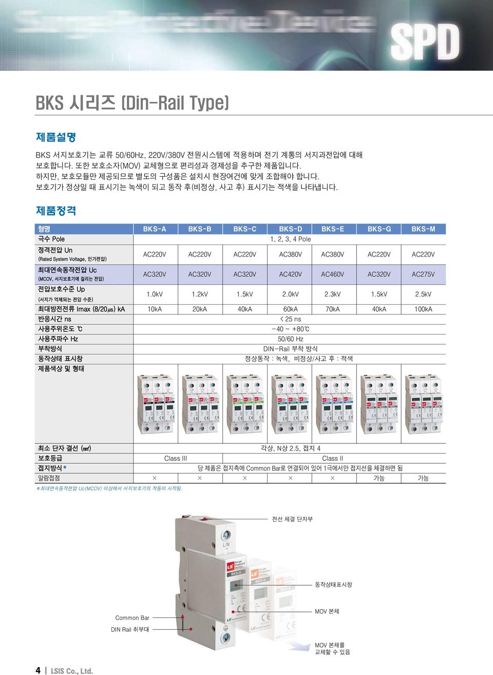 제품정격 형명 BKS-A BKS-B BKS-C BKS-D BKS-E BKS-G BKS-M 극수 Pole 1, 2, 3, 4 Pole 정격전압 Un (Rated System Voltage, 인가전압) AC220V AC220V AC220V AC380V AC380V AC220V AC220V 최대연속동작전압 Uc (MCOV, 서지보호기에 걸리는 전압)