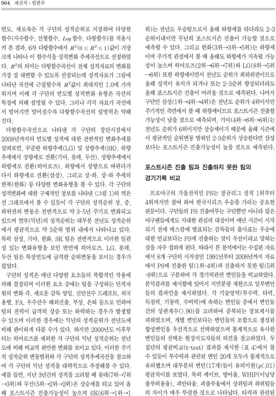 다항함수곡선으로 나타낸 각 구단의 창단시점에서 2008년까지의 연도별 성적에 대한 전반적인 변화추세를 살펴보면, 꾸준한 하향추세(LG) 및 상향추세(SK), 하향 추세에서 상향세로 전환(기아, 롯데, 두산), 상향추세에서 하향세로 전환(히어로즈), 하향에서 상향으로 바뀌다가 다시 하향세로 전환(삼성), 그리고 상 하, 상 하 추세의 반복(한화) 등 다양한