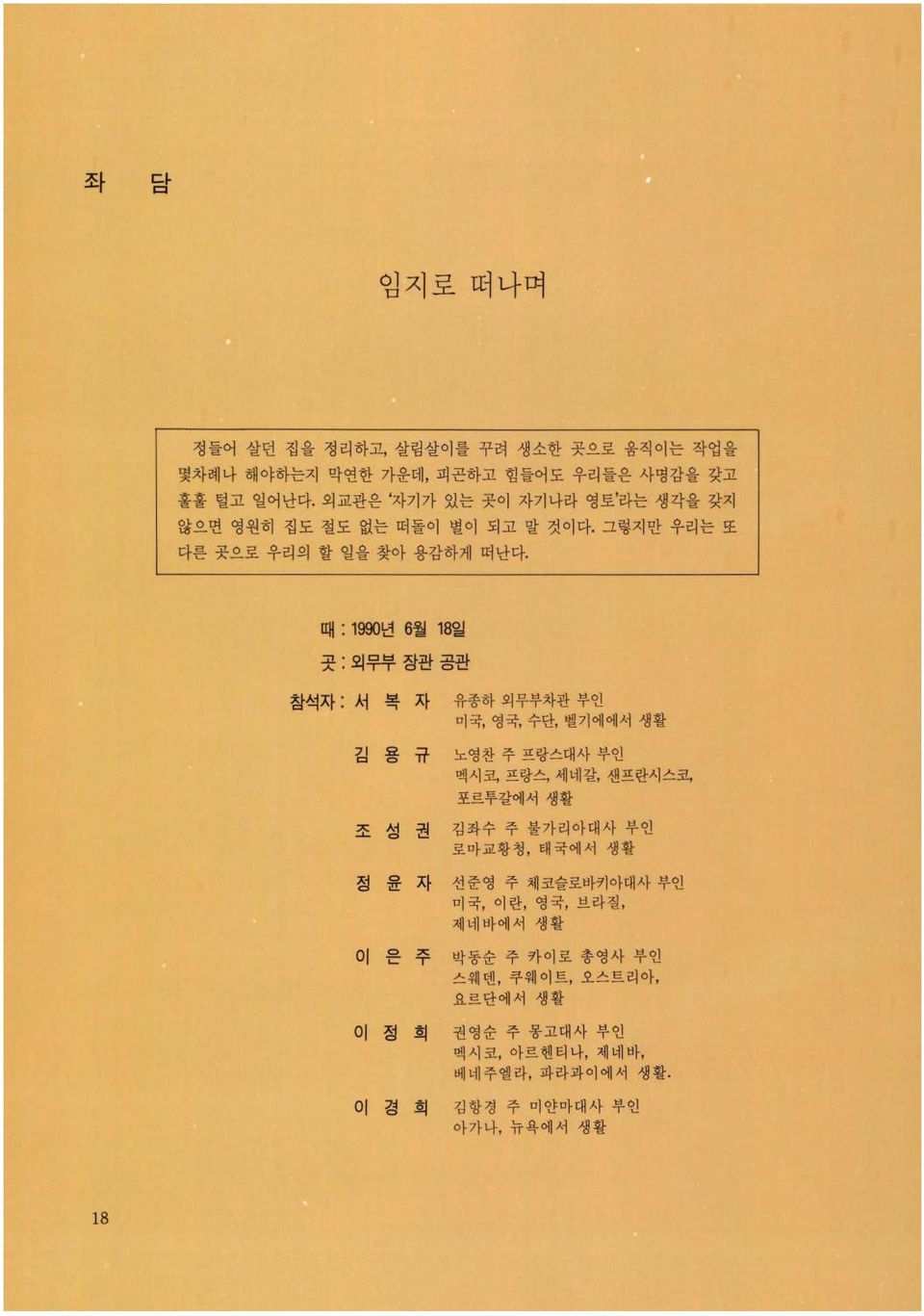 때 : 1990년 6월 18일 콧 : 외무부장관공판 참석자 : 서 복 자 유종하 외무부차관 부인 미국, 영국, 수단, 벨기에에서 생활 김 용 규 노영찬주프랑스대사부인 멕시코, 프랑스, 세네갈, 샌프란시스코, 포르투갈에서 생활 조 성 권 김좌수 주 불가리아대사