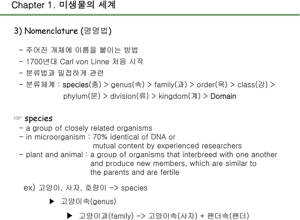 70% identical of DNA or mutual content by experienced researchers - plant and animal : a group of organisms that interbreed with one