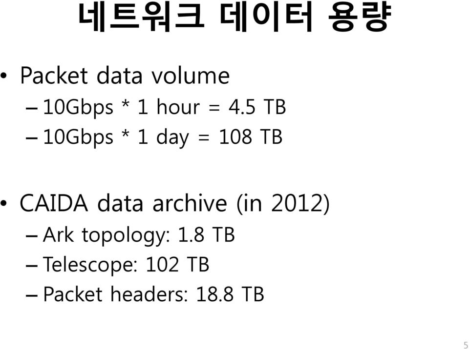 5 TB 10Gbps * 1 day = 108 TB CAIDA data