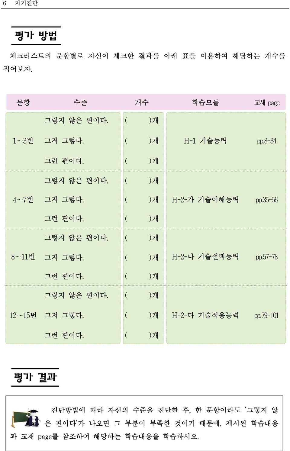 ( )개 H-2-나 기술선택능력 pp.57-78 그런 편이다. ( )개 그렇지 않은 편이다. ( )개 12~15번 그저 그렇다. ( )개 H-2-다 기술적용능력 pp.79-101 그런 편이다.