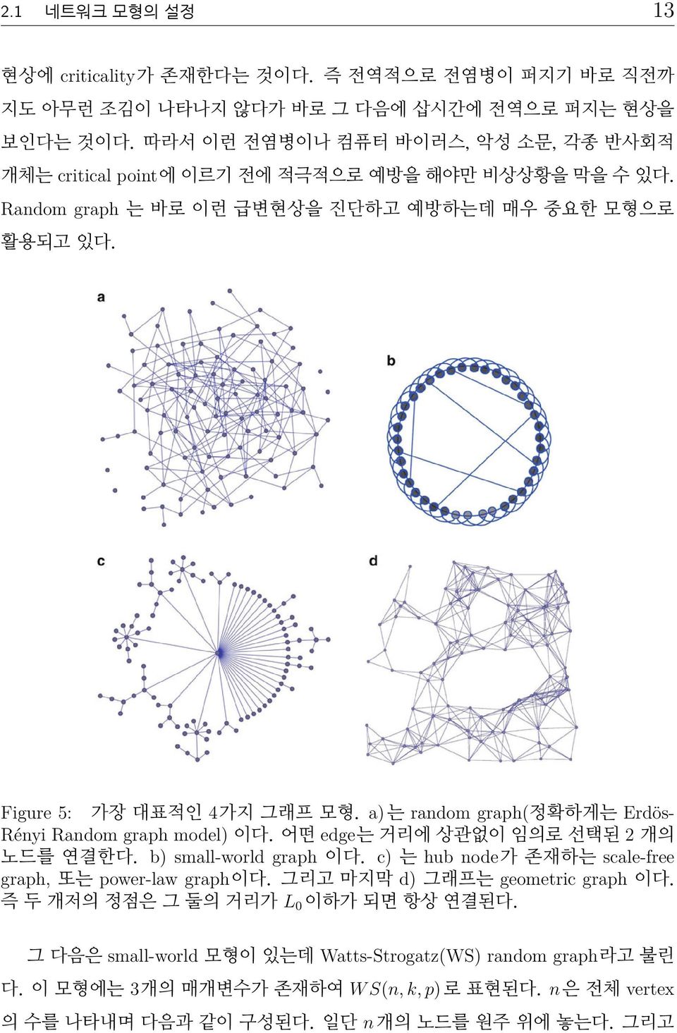 a) 는 random graph(정확하게는 Erdös- Rényi Random graph model) 이다. 어떤 edge는 거리에 상관없이 임의로 선택된 2 개의 노드를 연결한다. b) small-world graph 이다. c) 는 hub node가 존재하는 scale-free graph, 또는 power-law graph이다.