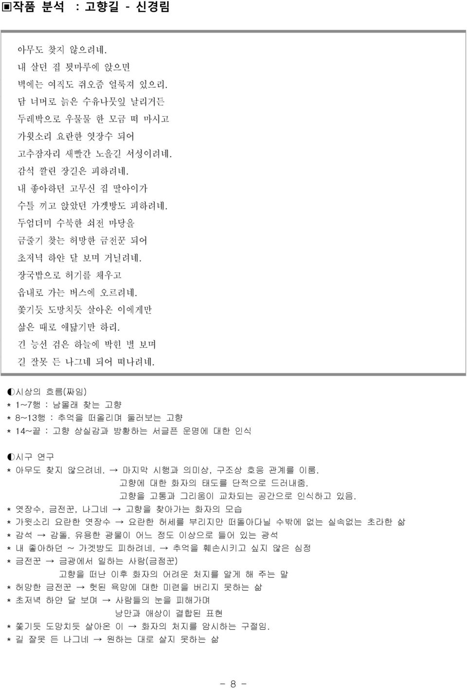 시상의 흐름(짜임) * 1~7행 : 남몰래 찾는 고향 * 8~13행 : 추억을 떠올리며 둘러보는 고향 * 14~끝 : 고향 상실감과 방황하는 서글픈 운명에 대한 인식 시구 연구 * 아무도 찾지 않으려네. 마지막 시행과 의미상, 구조상 호응 관계를 이룸. 고향에 대한 화자의 태도를 단적으로 드러내줌. 고향을 고통과 그리움이 교차되는 공간으로 인식하고 있음.