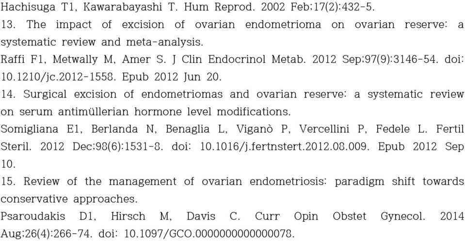 Surgical excision of endometriomas and ovarian reserve: a systematic review on serum antimüllerian hormone level modifications. Somigliana E1, Berlanda N, Benaglia L, Viganò P, Vercellini P, Fedele L.