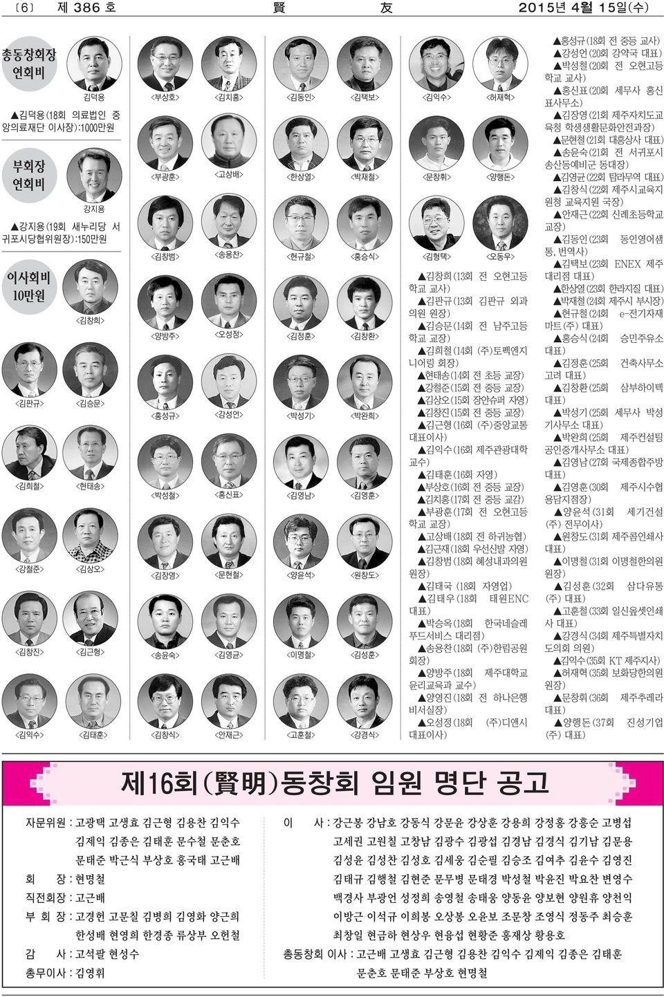 김창희(13회 전 오현고등 학교 교사) 김판규(13회 김판규 외과 의원 김승문(14회 전 남주고등 학교 교장) 김희철(14회 (주)토펙엔지 니어링 회장) 현태송(14회 전 초등 교장) 강철준(15회 전 중등 교장) 김상오(15회 장안슈퍼 자영) 김창진(15회 전 중등 교장) 김근형(16회 (주)중앙교통 대표이사) 김익수(16회 제주관광대학 교수)