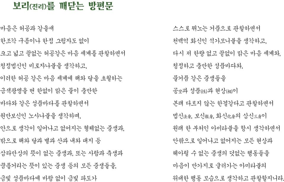 바람 없이 금빛 파도가 스스로 뛰노는 거품으로 관찰하면서 천백억 화신인 석가모니불을 생각하고, 다시 저 한량 없고 끝없이 맑은 마음 세계와, 청정하고 충만한 성품바다와, 물거품 같은 중생들을 공 空 과 성품( 性 )과 현상( 相 )이 본래 다르지 않는 한결같다고