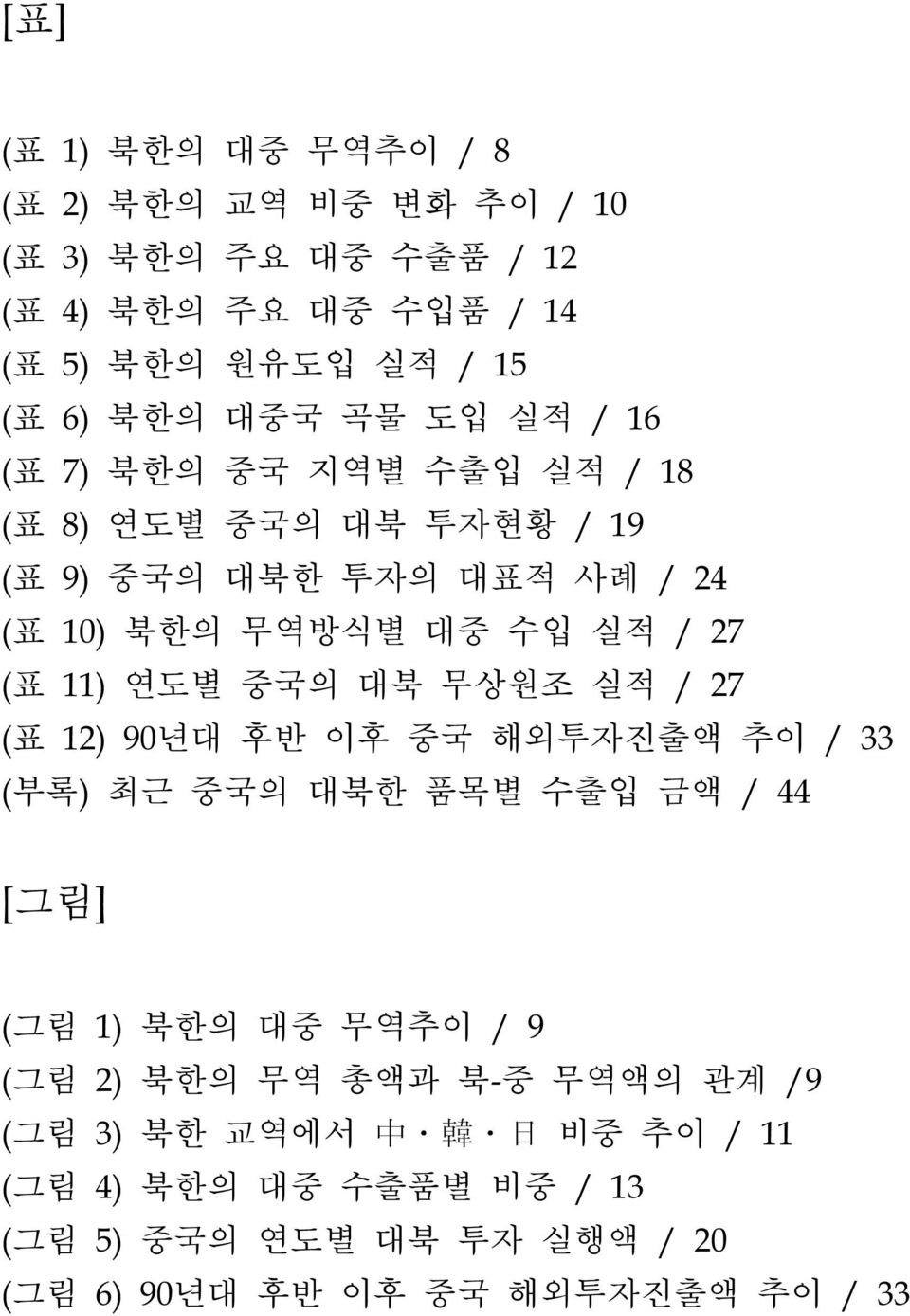 연도별 중국의 대북 무상원조 실적 / 27 (표 12) 90년대 후반 이후 중국 해외투자진출액 추이 / 33 (부록) 최근 중국의 대북한 품목별 수출입 금액 / 44 [그림] (그림 1) 북한의 대중 무역추이 / 9 (그림 2) 북한의 무역 총액과