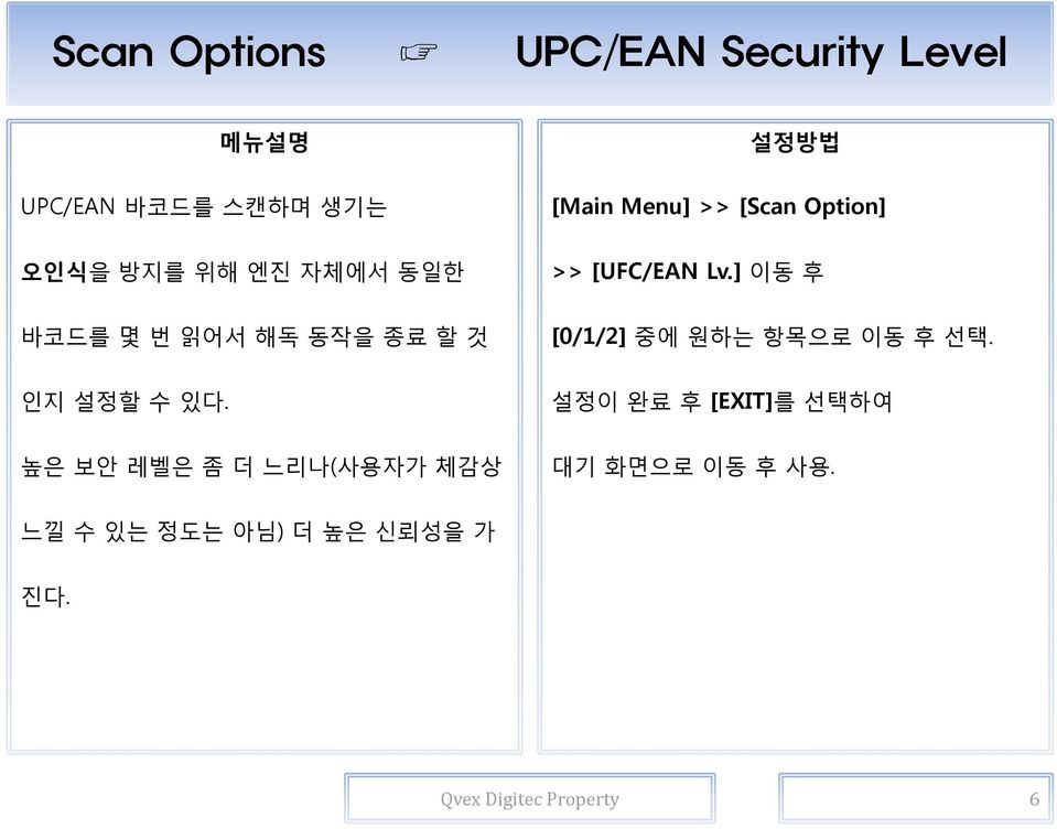 높은 보안 레벨은 좀 더 느리나(사용자가 체감상 [Main Menu] >> [Scan Option] >> [UFC/EAN Lv.