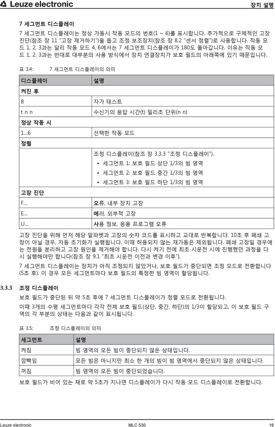 세그먼트 1: 보호 필드 상단 1/3의 빔 영역 세그먼트 2: 보호 필드 중간 1/3의 빔 영역 세그먼트 3: 보호 필드 하단 1/3의 빔 영역 고장 진단 F E U 오류, 내부 장치 고장 에러, 외부적 고장 사용 정보, 응용 프로그램 오류 고장 진단을 위해 먼저 해당 알파벳과 고장의 숫자 코드를 표시하고 교대로 반복합니다.