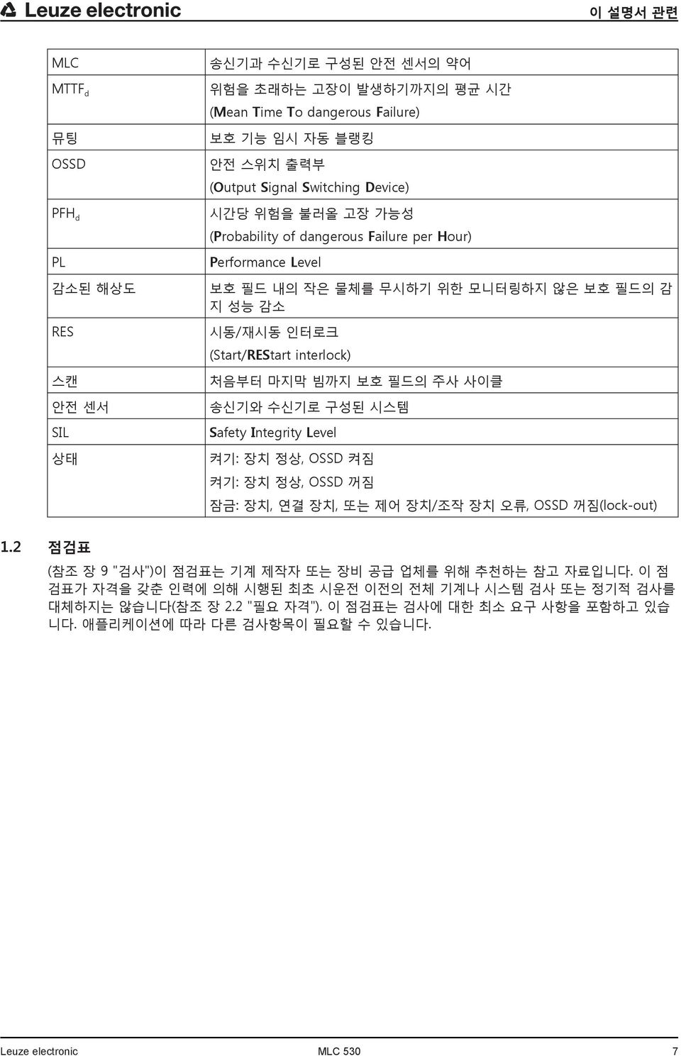 빔까지 보호 필드의 주사 사이클 송신기와 수신기로 구성된 시스템 Safety Integrity Level 켜기: 장치 정상, OSSD 켜짐 켜기: 장치 정상, OSSD 꺼짐 잠금: 장치, 연결 장치, 또는 제어 장치/조작 장치 오류, OSSD 꺼짐(lock-out) 1.